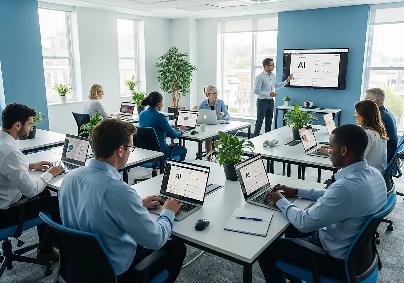 Corporate team participating in an AI upskilling workshop