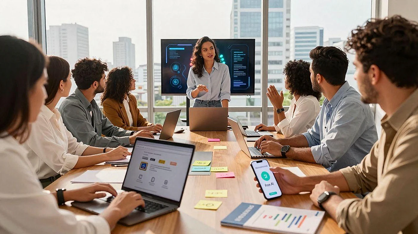 Corporate AI training workshop with employees learning practical AI skills