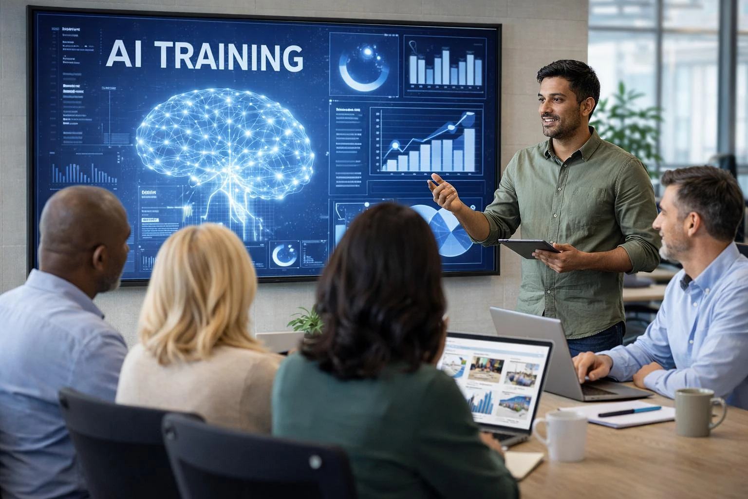 AI training workshop for companies with employees learning practical artificial intelligence tools