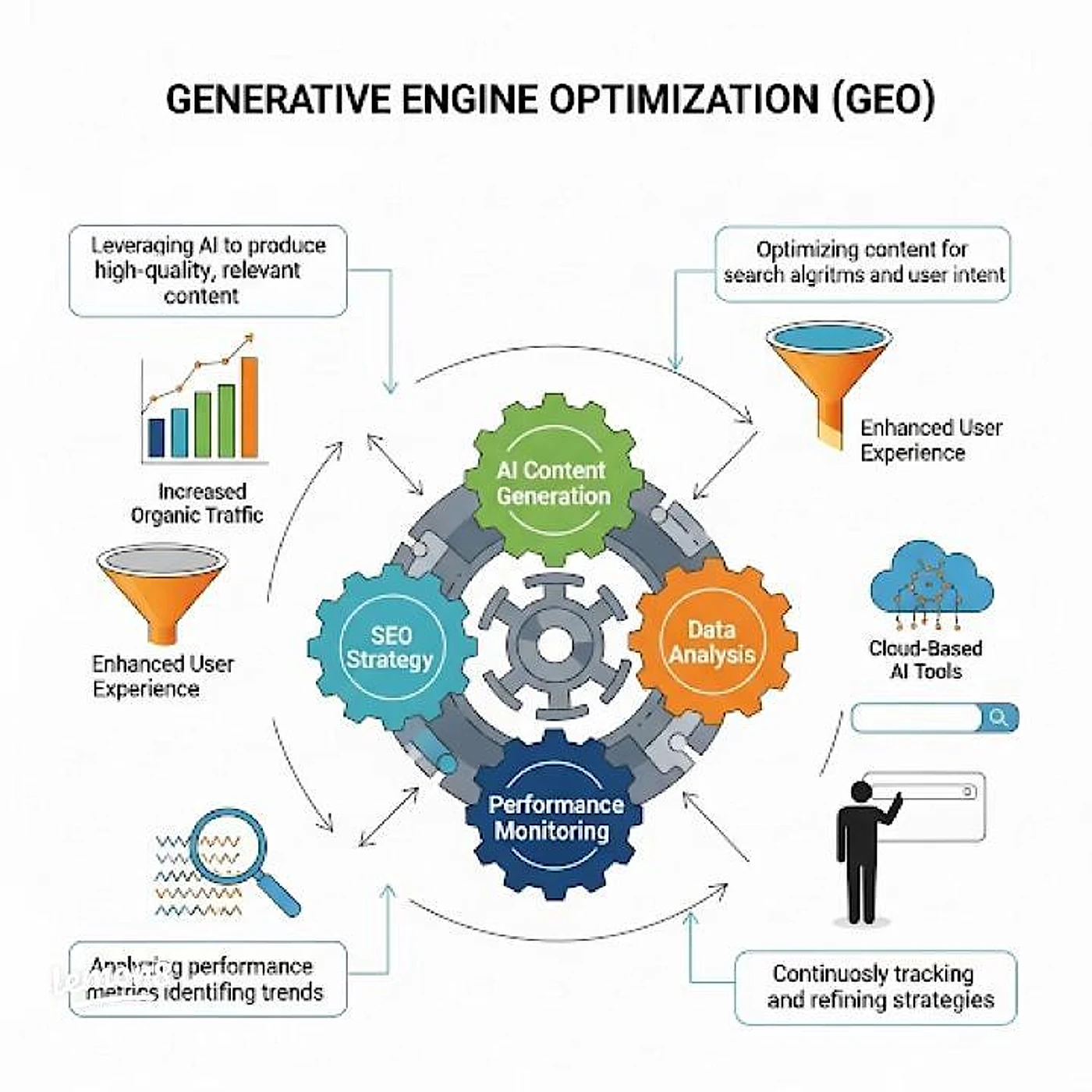 Generative Engine Optimization process showing AI content generation, SEO strategy, data analysis, performance monitoring, and continuous optimization