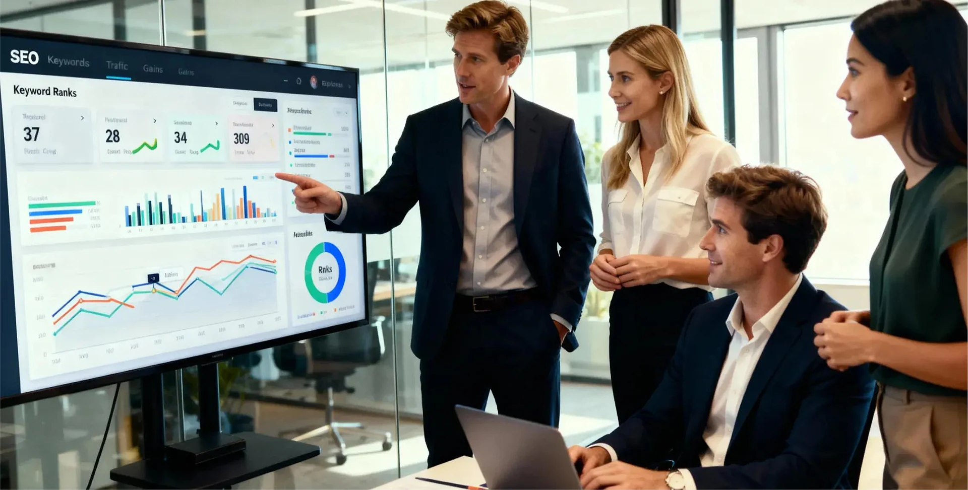 SEO specialists reviewing keyword rankings, organic traffic, and SEO performance data