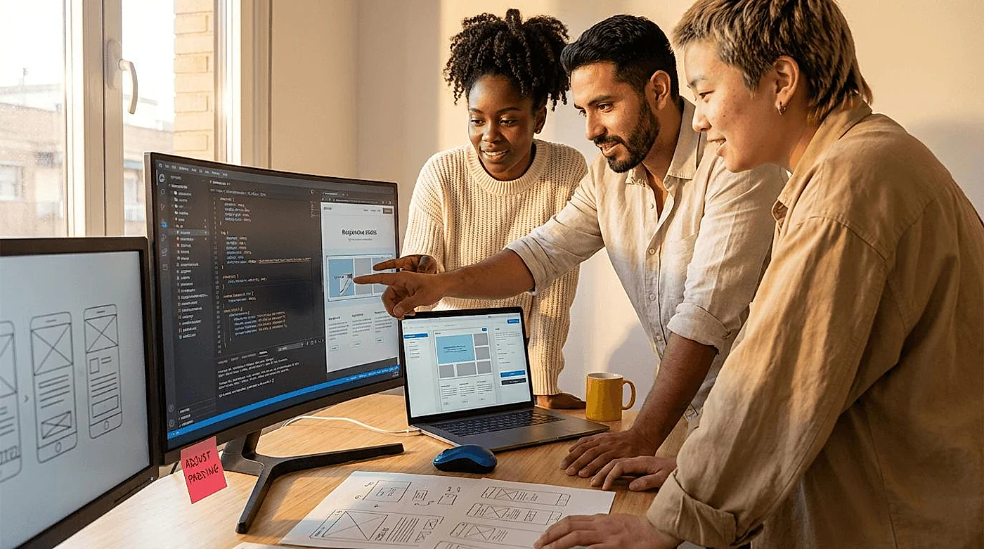Web development team designing a custom website and reviewing UX and website performance