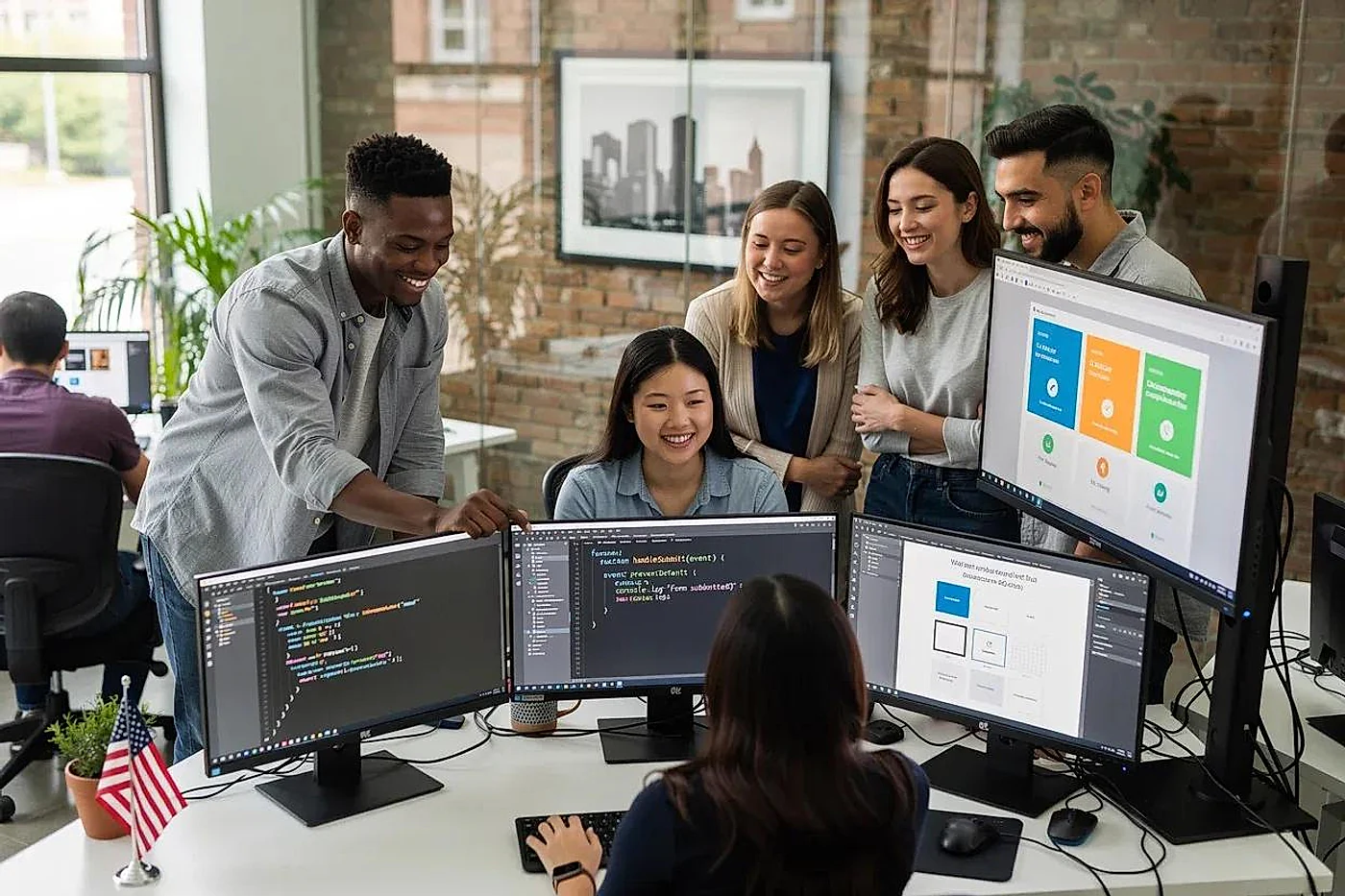 Web development team building and testing a custom web application