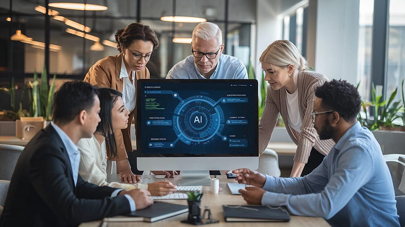 Business team collaborating on AI automation to improve productivity and efficiency
