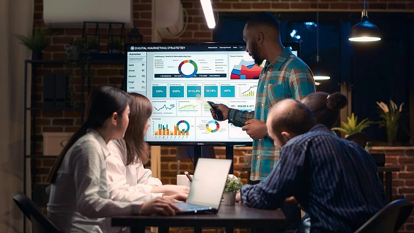 Digital marketing team reviewing strategy and performance analytics for business growth