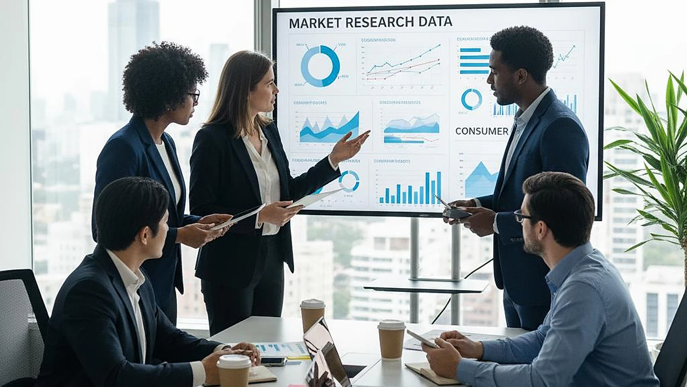 Business team analyzing market research data and insights for strategic decision making