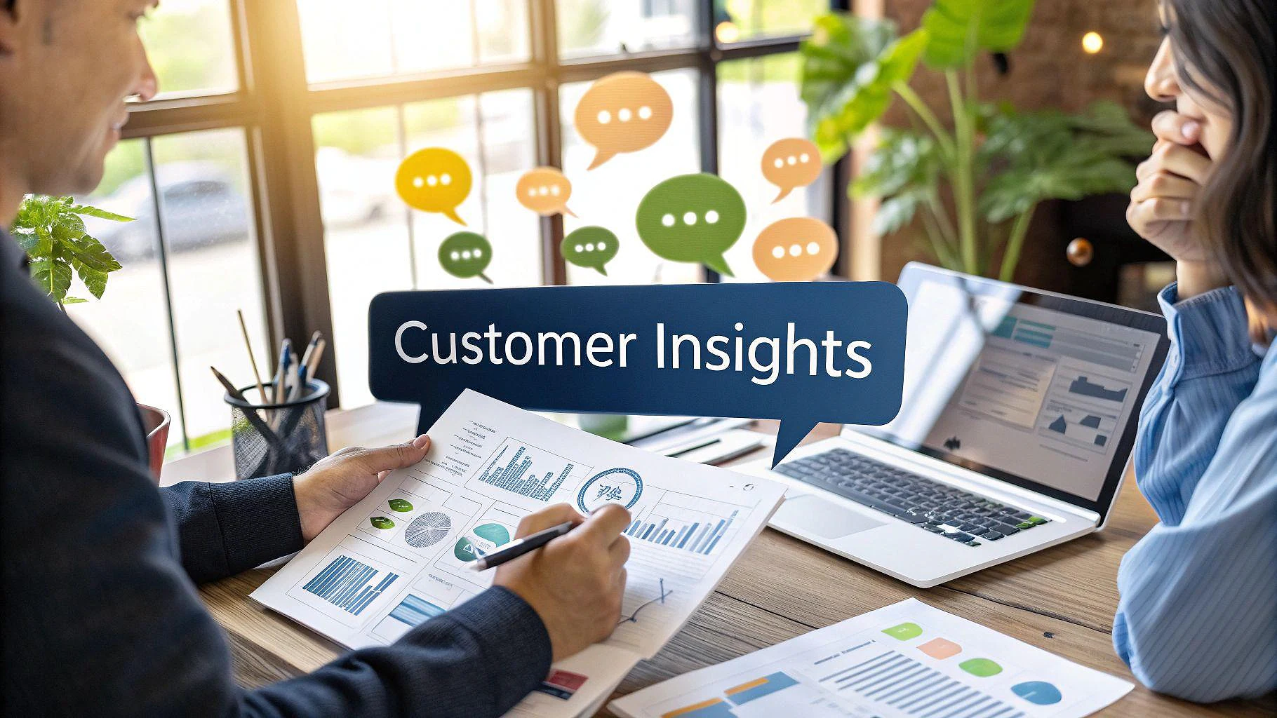 Business professionals analyzing customer insights and market research data