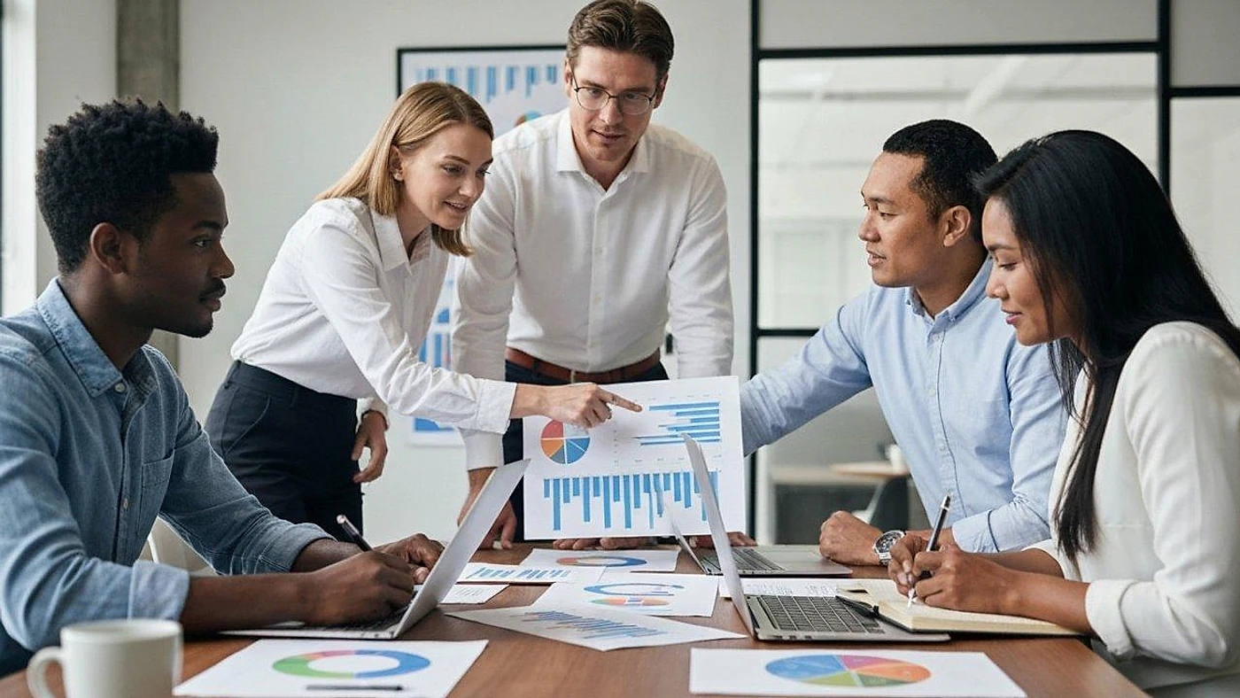 Business team analyzing market research data across different industries