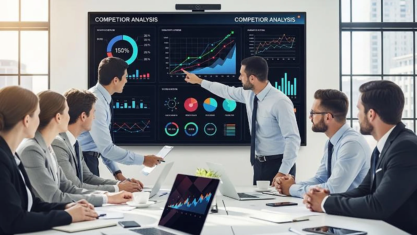 Market research team analyzing competitor data and business performance charts
